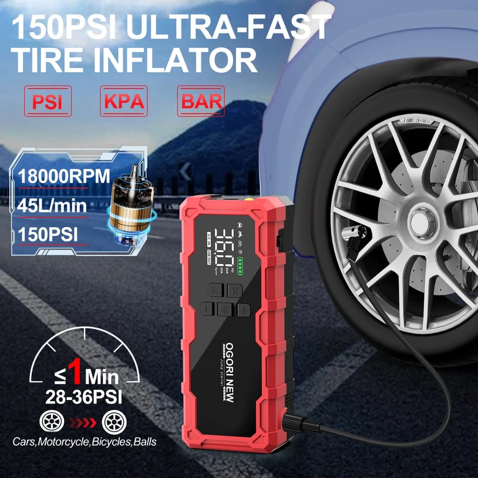 26800mAh Jump Starter | 150PSI Air Compressor | All Gas/16L Diesel Boost - Thumbnail 3