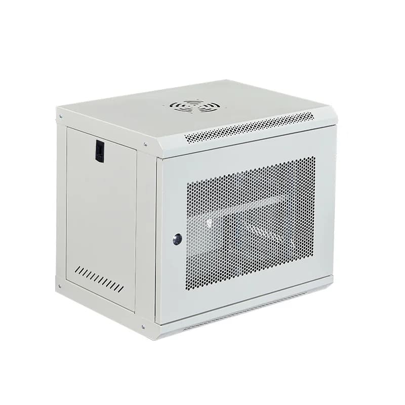 Professional 19-inch server rack network cabinet with locking glass door, side panels, and adjustable mounting rails for secure IT equipment storage.