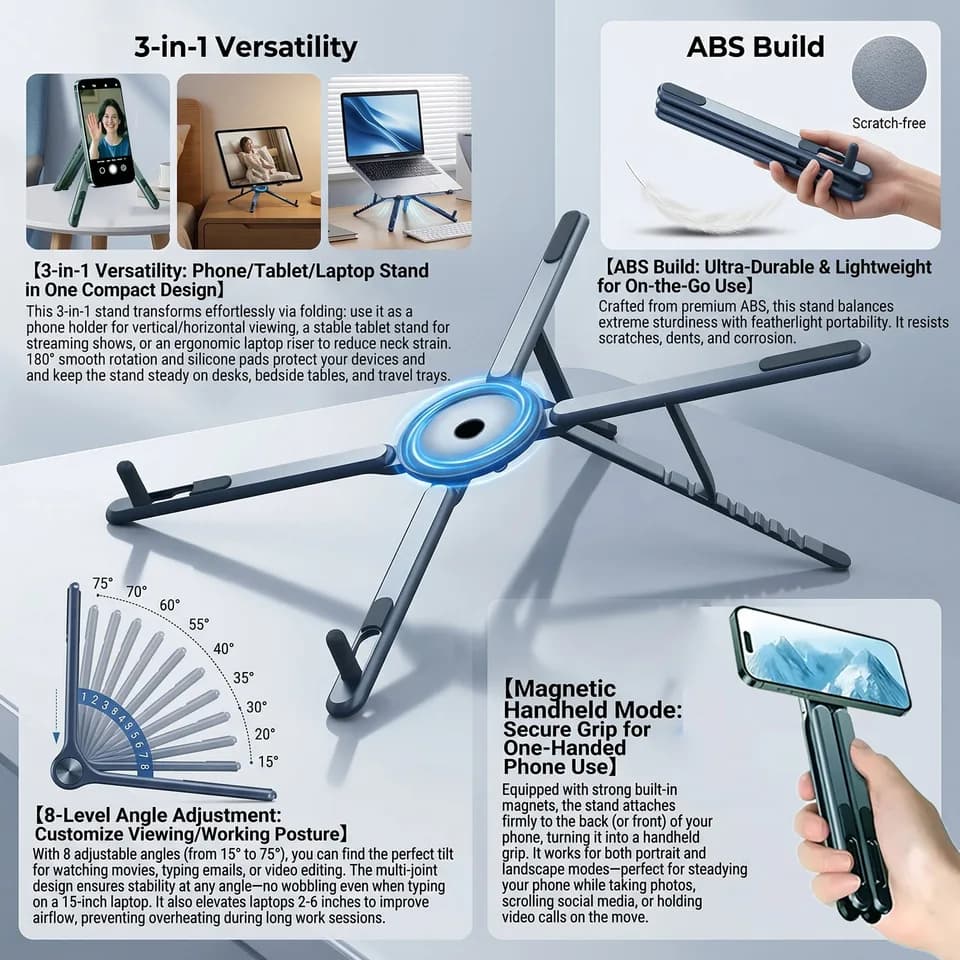 Foldable Laptop Stand | Magnetic & Adjustable | Phone/Tablet Holder - Thumbnail 6