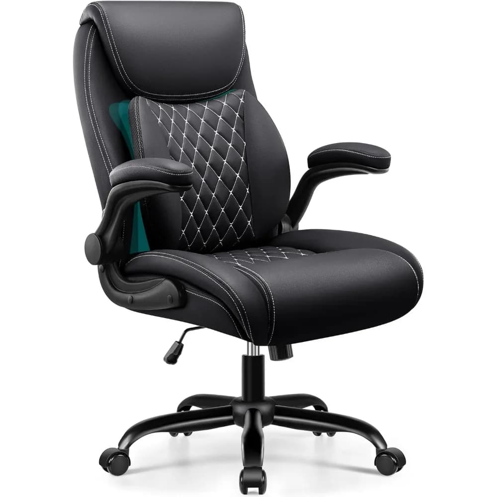Ergonomic Office Chair | Lumbar Support for Back Pain Relief | Leather Chair with Flip-up Arms