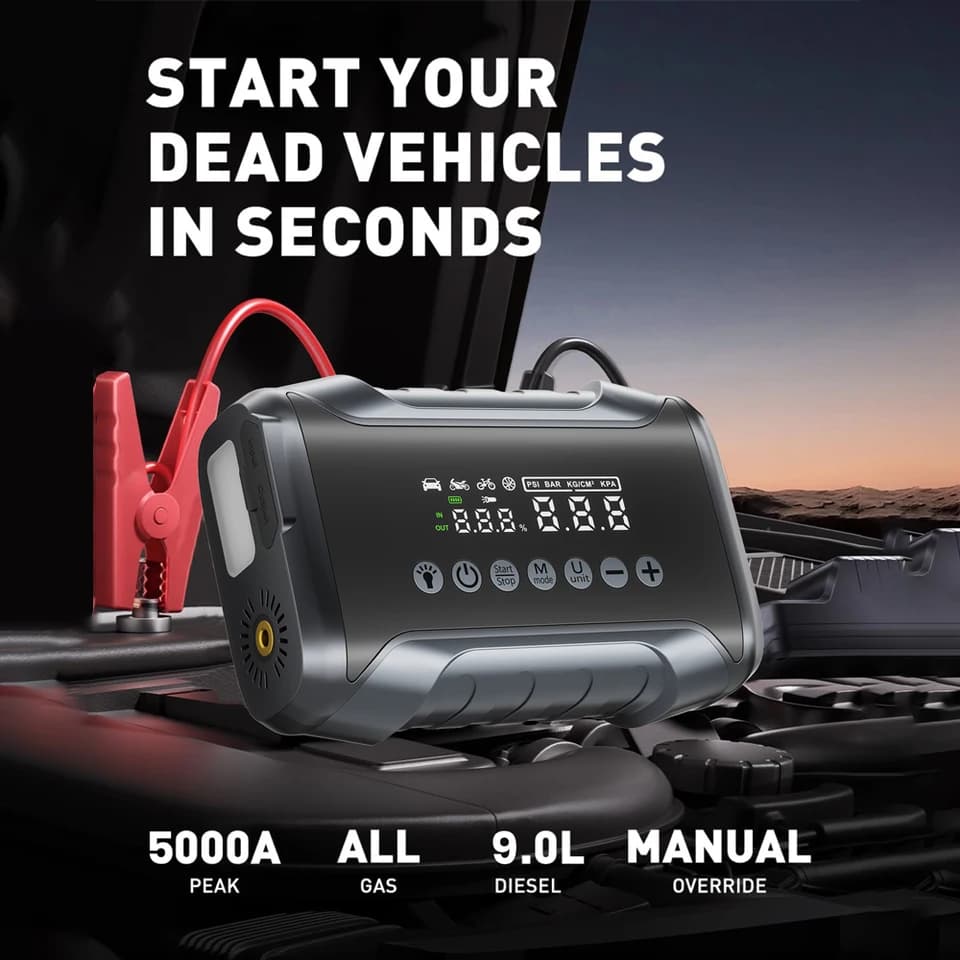 5000A Jump Starter with Air Compressor | 150PSI Tire Inflator | Power Bank - Thumbnail 2