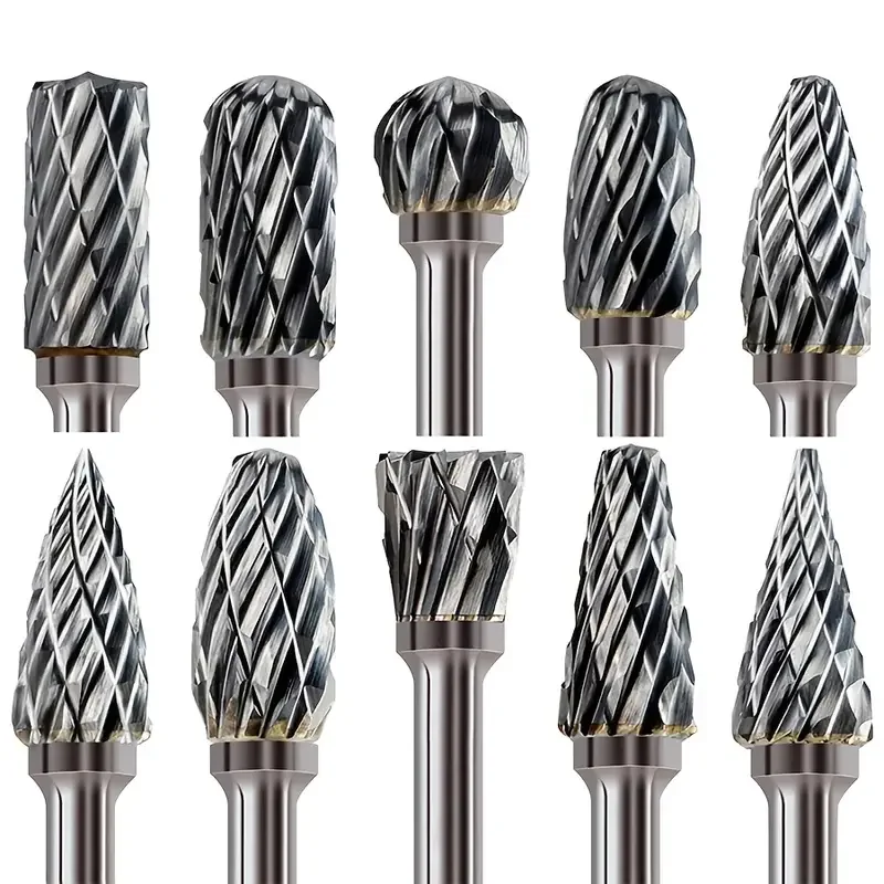 10-piece carbide burr set with double-cut rotary files for woodworking, grinding, and carving applications using tungsten alloy.