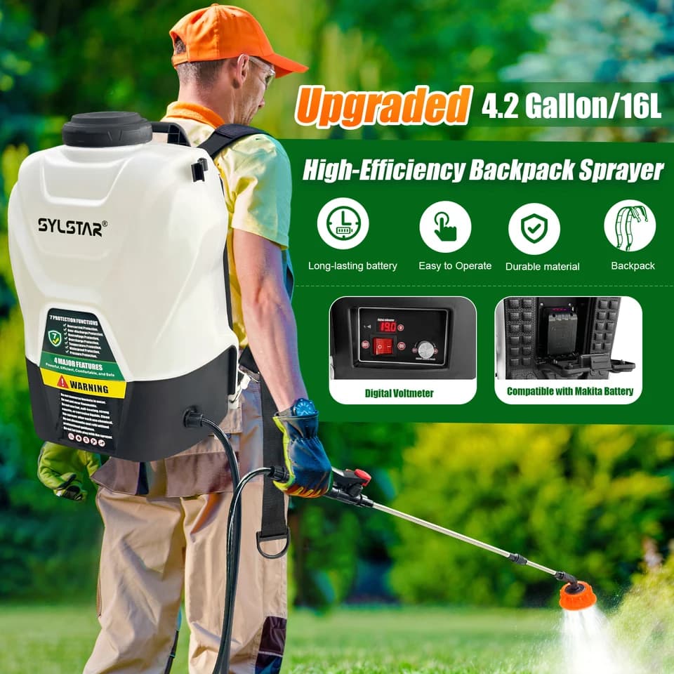 16L Electric Knapsack Sprayer | 100 PSI Telescopic Wand | 5 Nozzles - Thumbnail 2