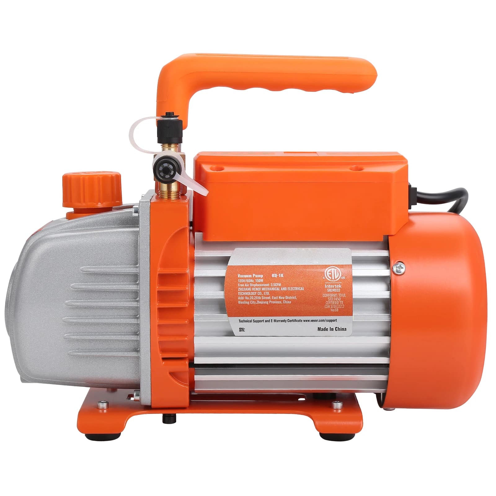 Two-stage vacuum pump with 3.5/5/7 CFM capacity, 120V AC, for HVAC repair, refrigeration maintenance, and air conditioning servicing.