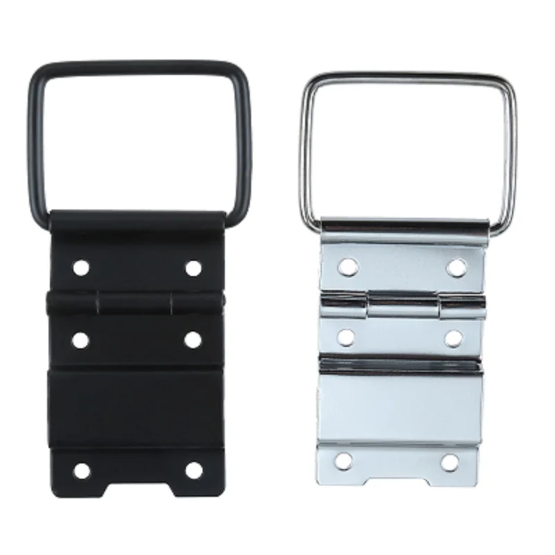 Pair of silver or black 6-hole support hinges with rings, designed for flight cases, toolboxes, and luggage.