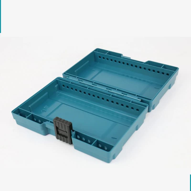 Makita B-62066 Mini Tool Box: single teal plastic box with a black latch on white.