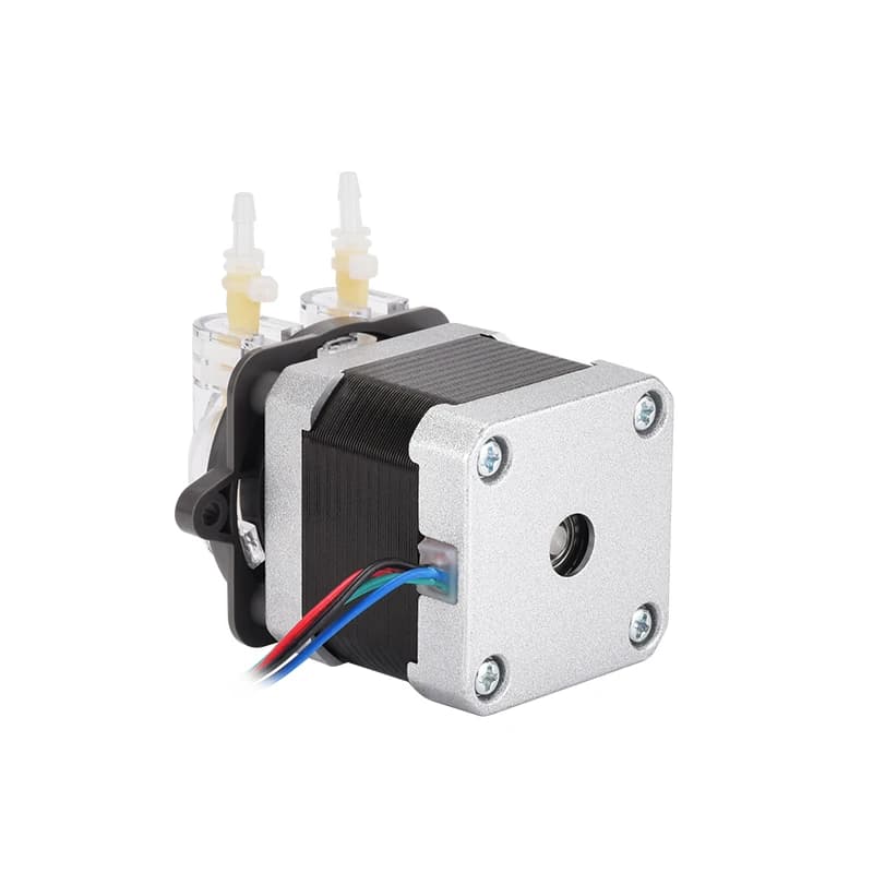 Mini Condensate Pump: Stepper motor with peristaltic pump attachment on white.
