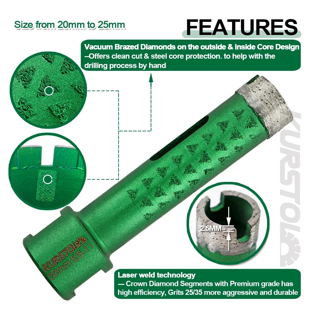 Diamond Core Drill Bit Set | 12-Piece for Granite, Tile & Stone | Vacuum Brazed for Angle Grinder - Thumbnail 7