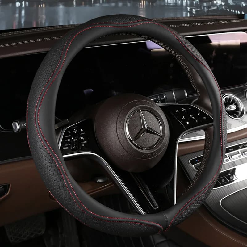 Anti-Slip Leather Steering Wheel Covers | D-Shape & Round | 38cm Fit - Thumbnail 3