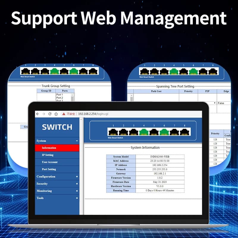 HORACO 8 Port Gigabit Network Switch | Web Managed VLAN/QoS | 1000Mbps Industrial Ethernet - Thumbnail 5