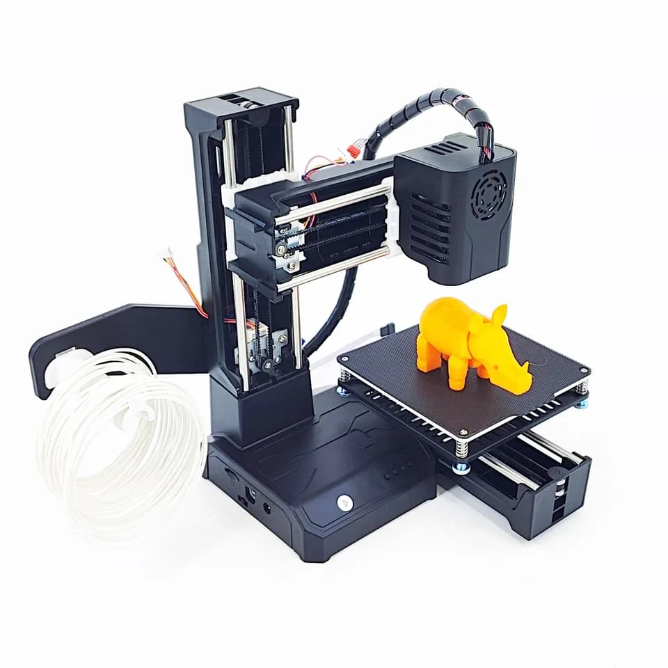 EasyThreed K9 3D printer with a printed rhino model on a white background.