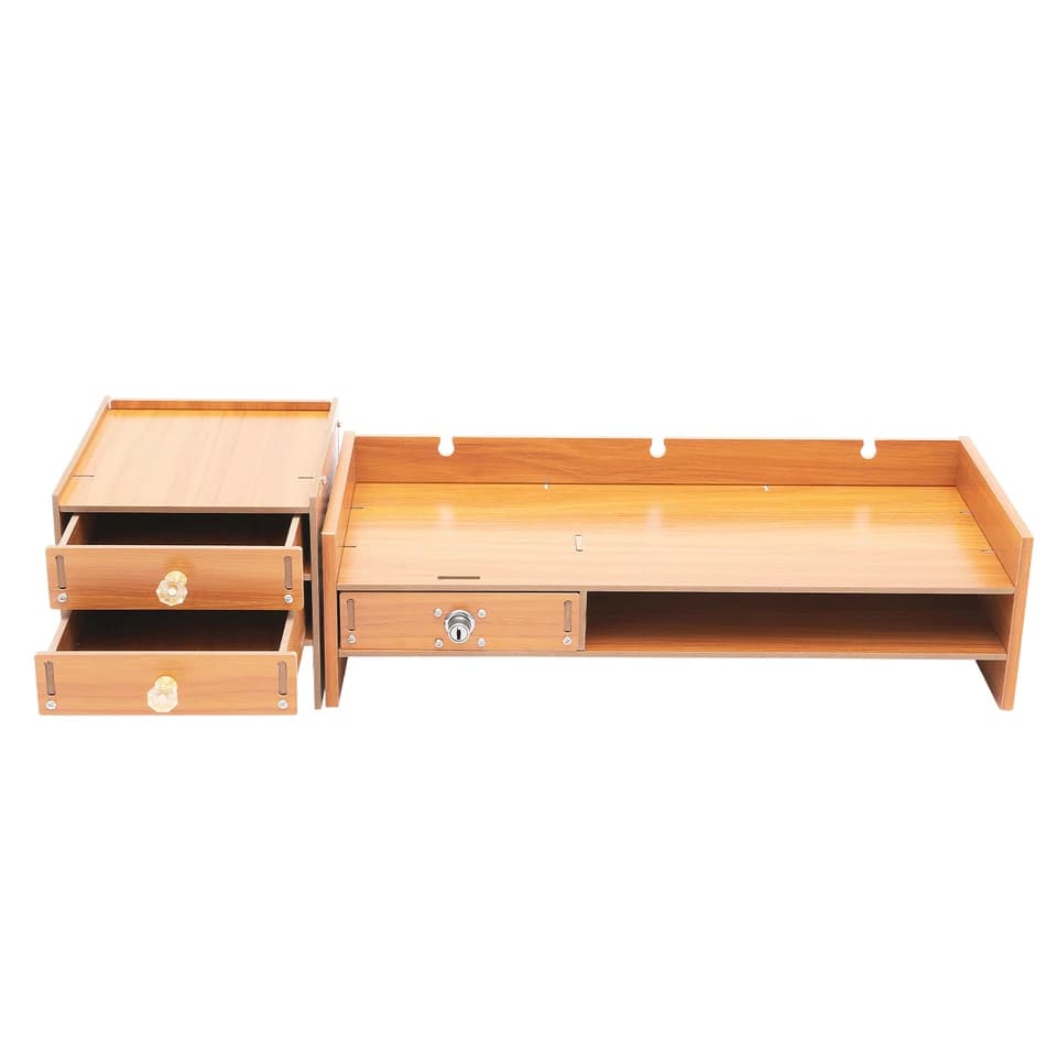 Wood Monitor Stand with Drawers, a wooden desk organiser on a white background.
