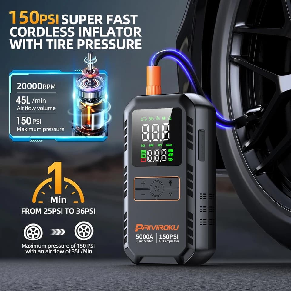 Car Starter | 5000A Jump Box with 150PSI Air Pump | Portable Power Bank - Thumbnail 3
