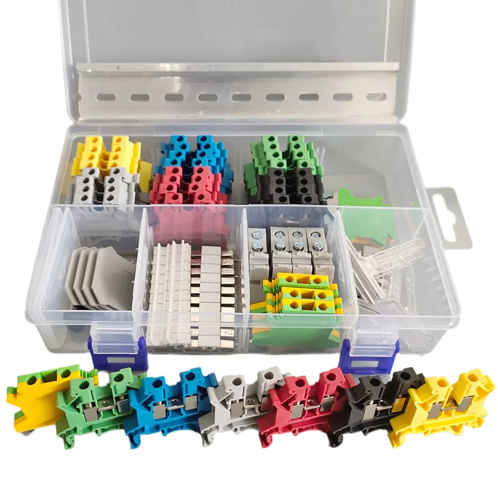 UK2.5B DIN rail terminal block kit with aluminum rail, fixed bridges, jumpers, end covers, and marker strip for 2.5mm² cable connections.