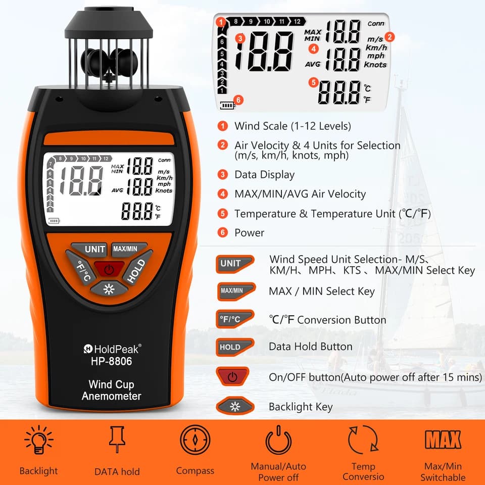 Anemometer Wind Cup Style | 0-30m/s AVG, 6 Units | Compass & Backlight LCD - Thumbnail 4