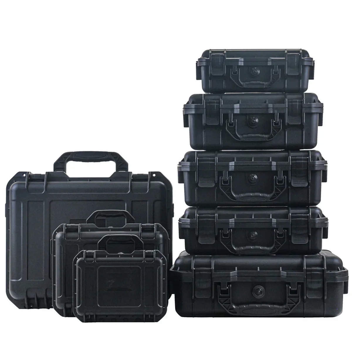 Waterproof hard-shell hand-held toolbox with pre-cut foam inserts, impact-resistant design suitable for equipment protection.