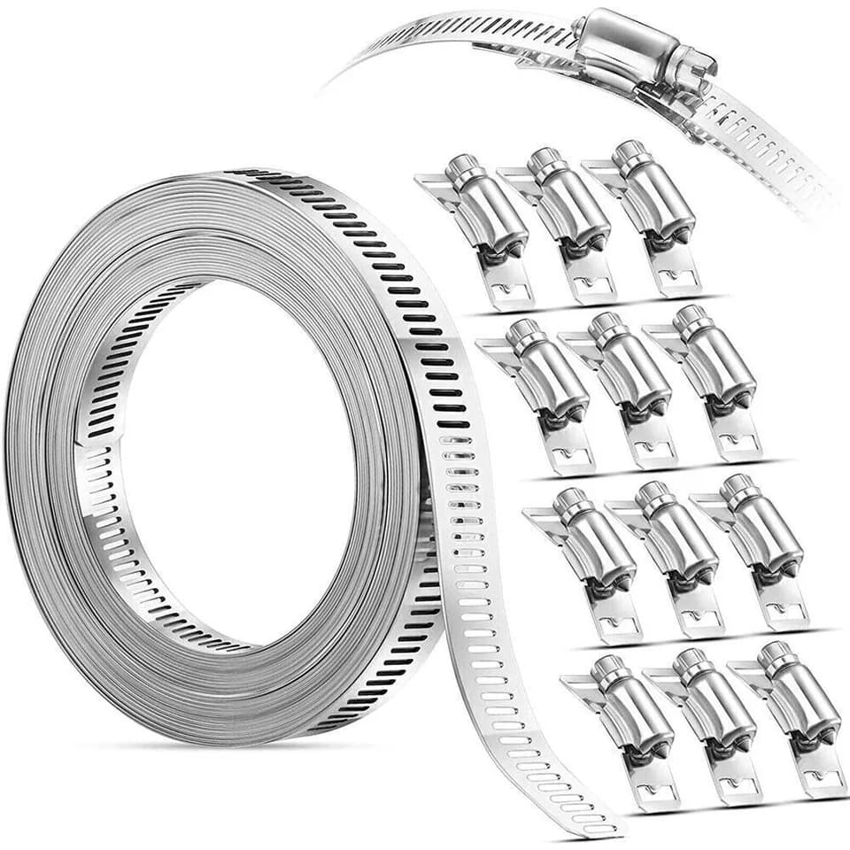 Stainless 304 Steel Hose Clamp Strap roll of banding and individual clamp heads on white.