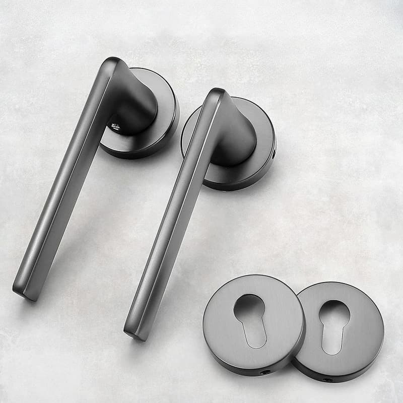 Minimalist gray bedroom door lock with a wooden handle, designed for indoor rooms and split-type bathrooms as a silent door lock.