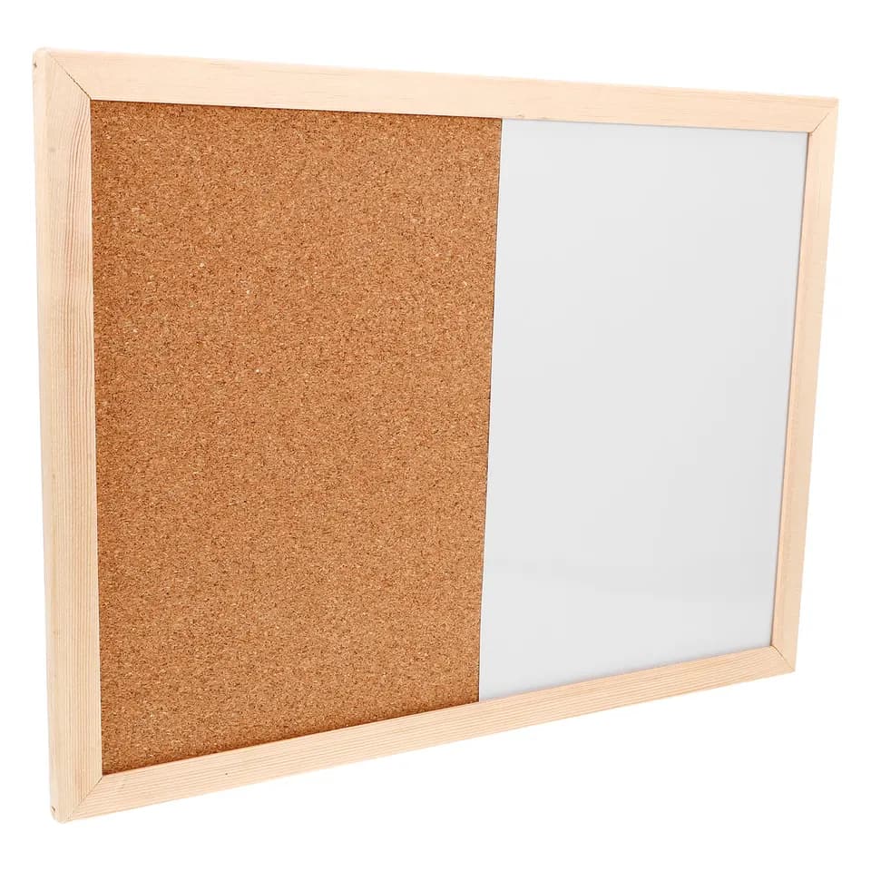 Cork board and whiteboard combination with a wooden frame on a white background.