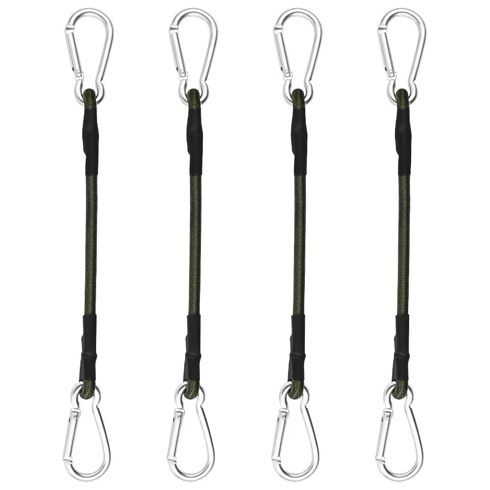 Silver metal carabiner with elastic bungee cord strap for outdoor gear mounting and securing loads.