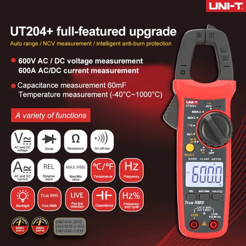 UNI-T Clamp Meter UT201-204+ | Proving Unit & Digital Multimeter | AC/DC Ammeter - Thumbnail 4