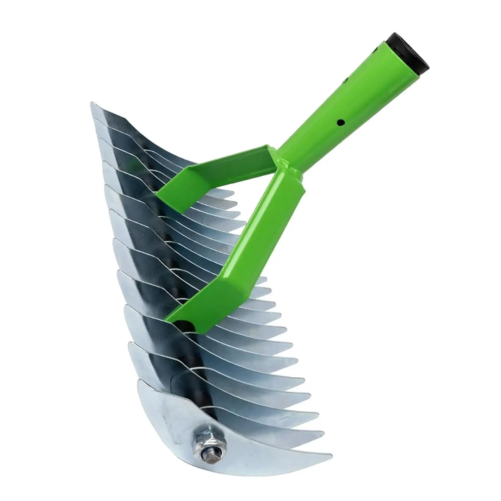 Thatch rake tool with curved teeth for collecting grass clippings and leaves from lawns. Ideal for garden weeding and home yard maintenance.