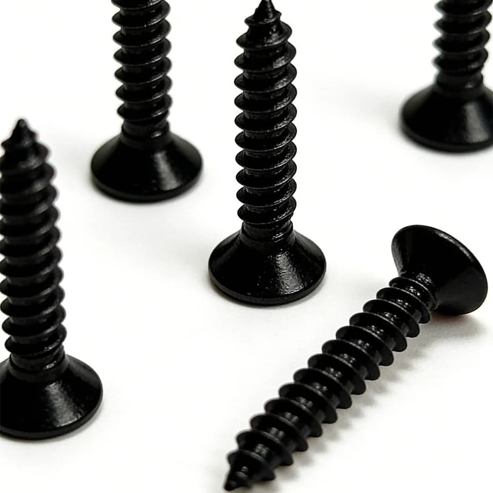 Self tapping screws assortment kit: multiple black screws on a white background.