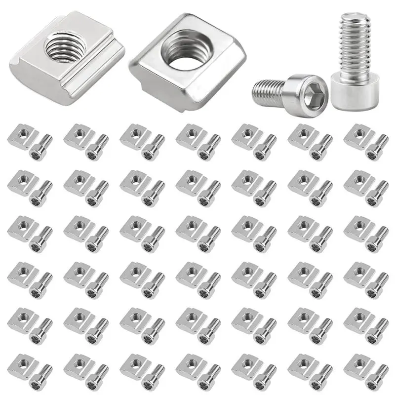 Set of 50 stainless steel T-slot nuts for M5 bolts, compatible with 6-series and 2020-type B aluminum extrusion profiles, includes Allen screws.