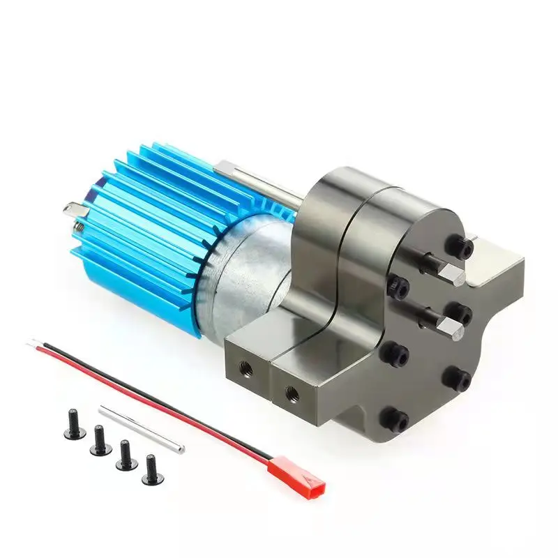 Metal transfer gearbox with 370 brushed motor, designed for WPL and other scale model trucks, featuring speed change upgrade capability.