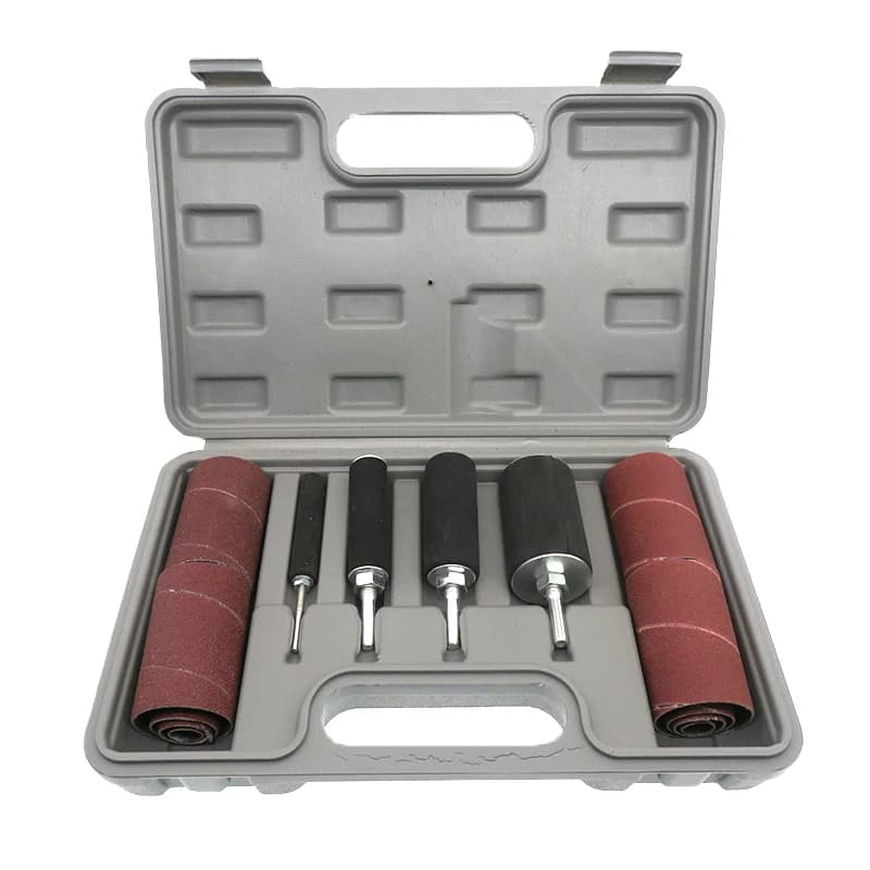 Sander Sanding Belts kit with drums and sleeves in a grey plastic case.
