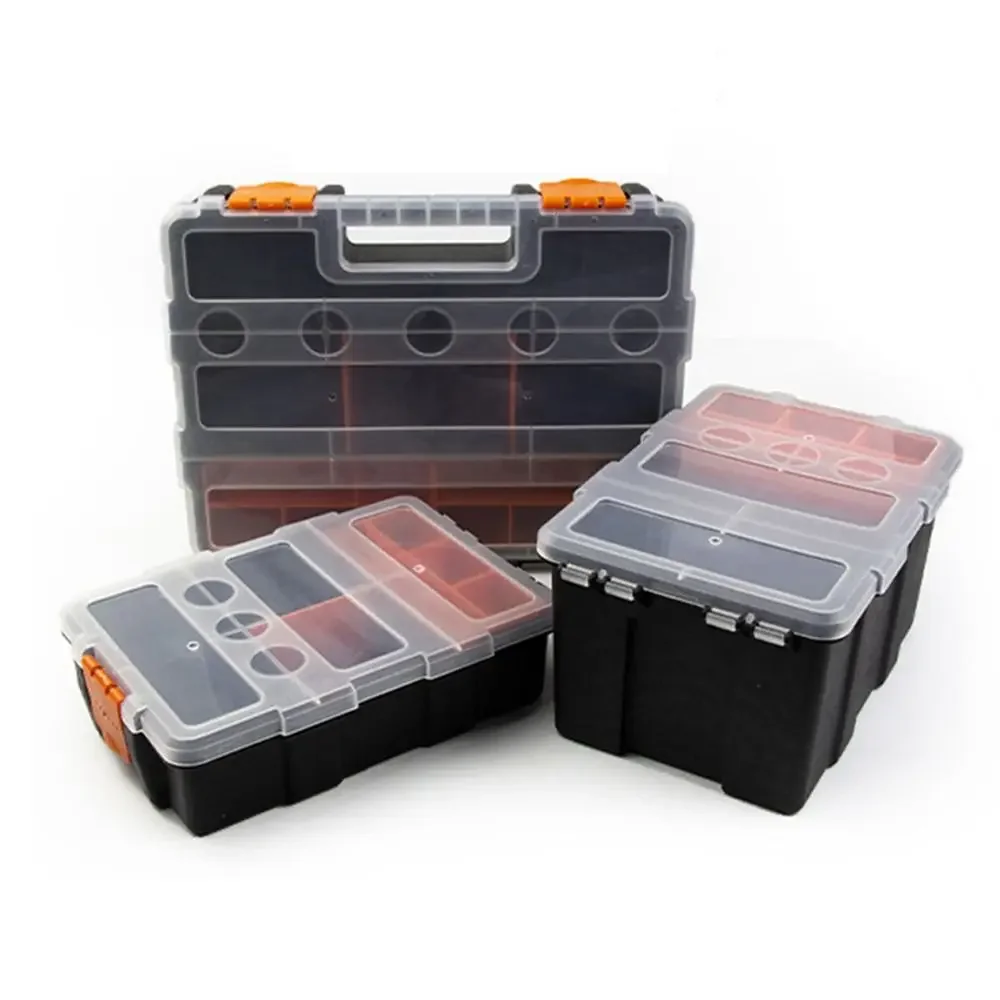 Plastic portable toolbox with multi-grid compartments for organizing screws, hardware, and small repair tools in a compact case.