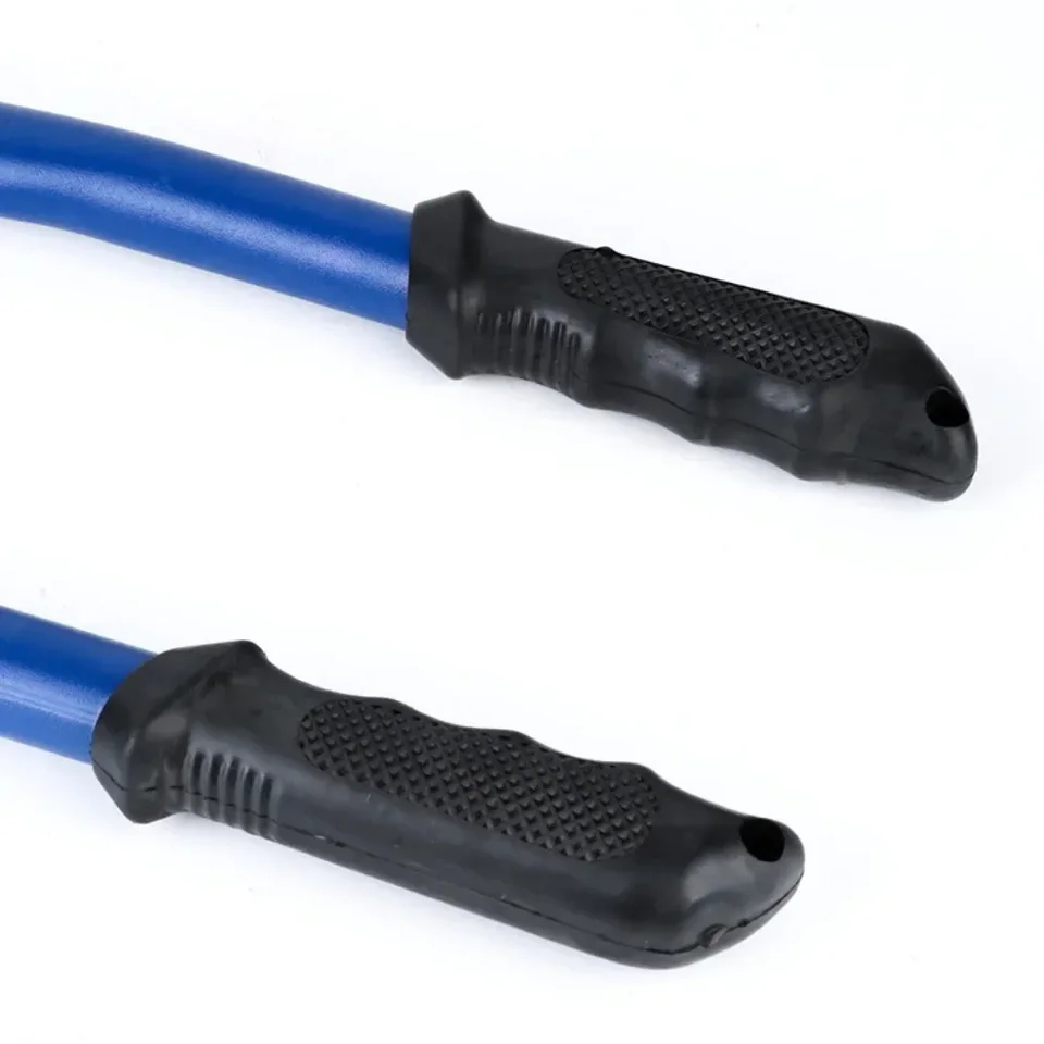 Bolt cutter with blue handles and black rubber grips on a white background.