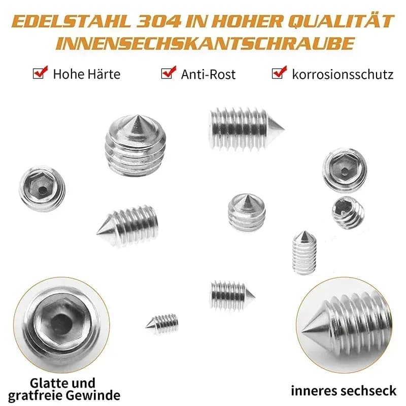 Steel Grub Screws | 240pc Hex Socket Set | M3-M8 Cone Point Fasteners - Thumbnail 4