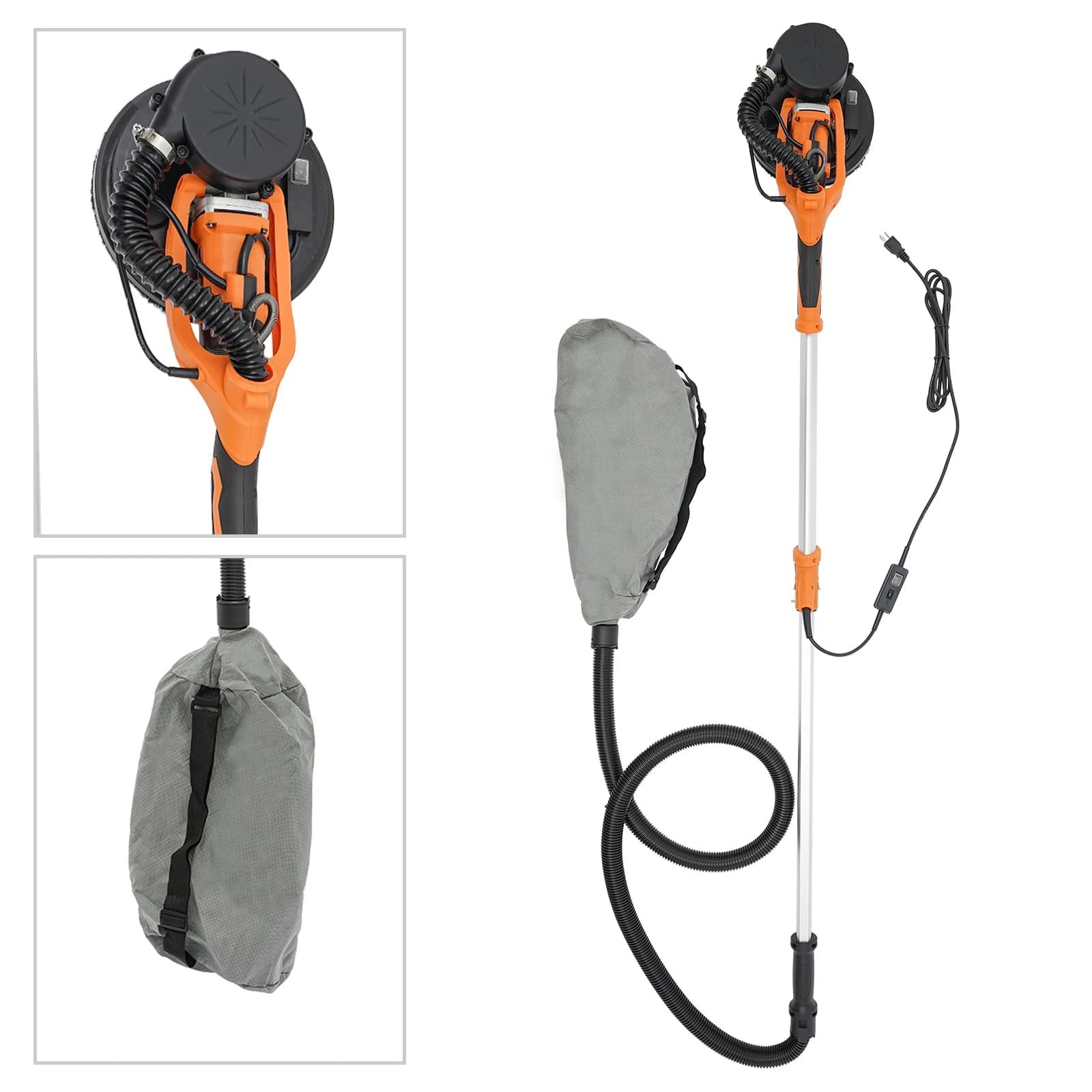 750W electric dustless drywall sander with vacuum dust collection system and variable speed for ceiling and wall sanding.