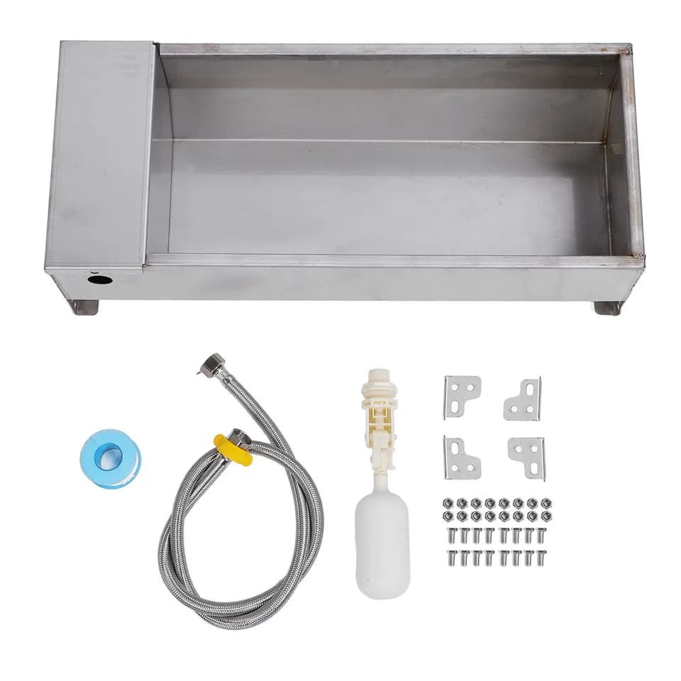 Automatic Water Trough: Stainless steel trough and plumbing components on white.