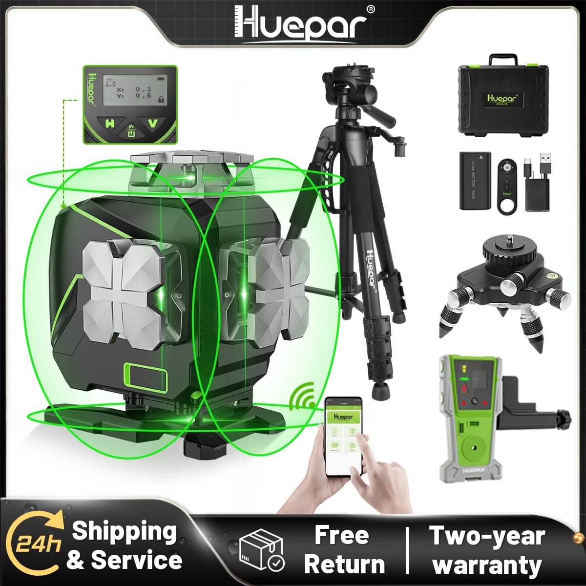 Huepar 4D Green Line Laser Level | Bluetooth & Remote Control | 16 Lines, Hard Case - Thumbnail 2