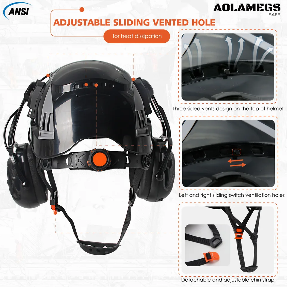 CE Hard Hat | Bluetooth Earmuffs & Built-in Goggles | ABS Construction Work Safety - Thumbnail 5
