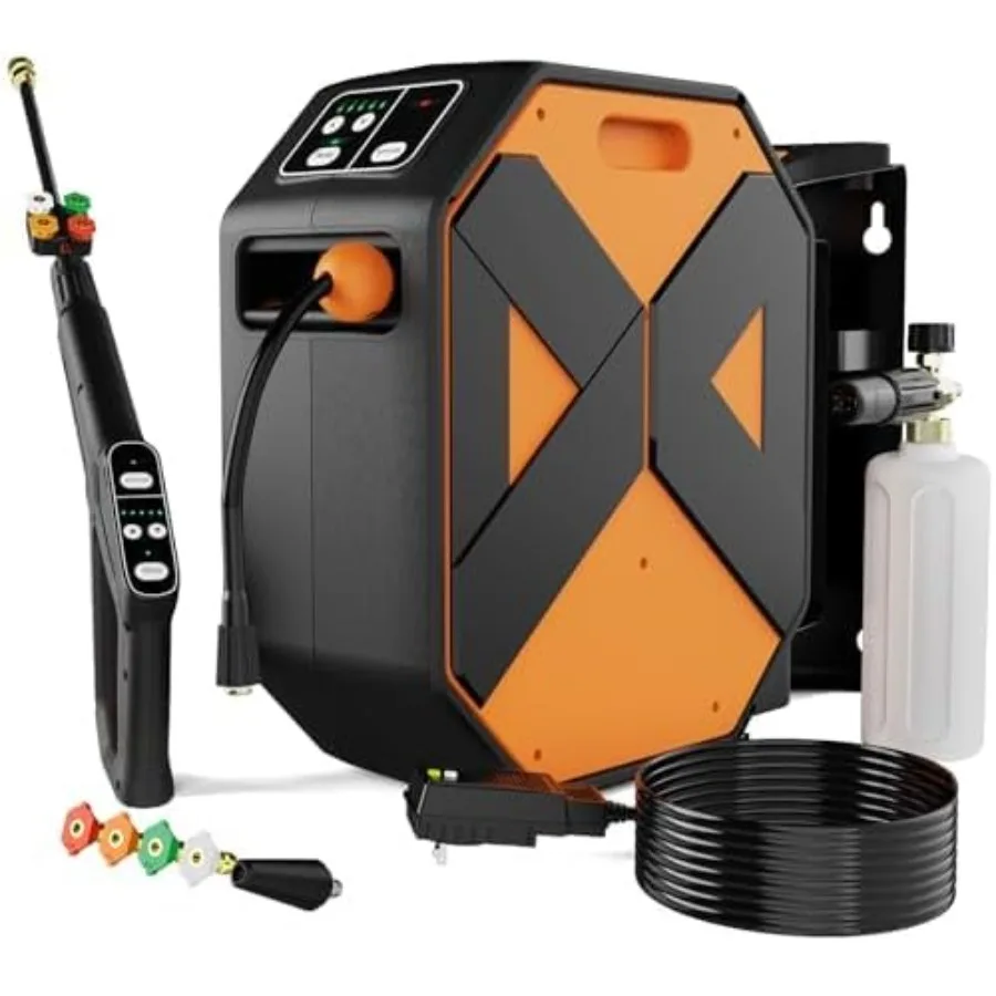 Mounted Pressure Washer | 100FT Retractable Hose & Foam Cannon | 5 Nozzles for Efficient Car Washing - Thumbnail 2