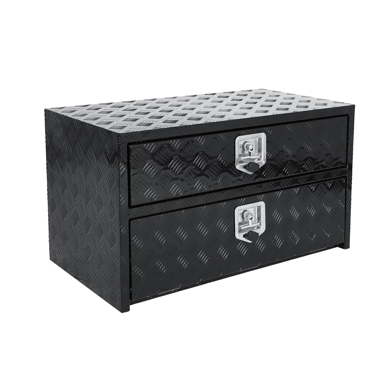 48-inch aluminum truck tool box featuring a two-tier organizer design, secure lock with keys, for storing tools in a truck bed.