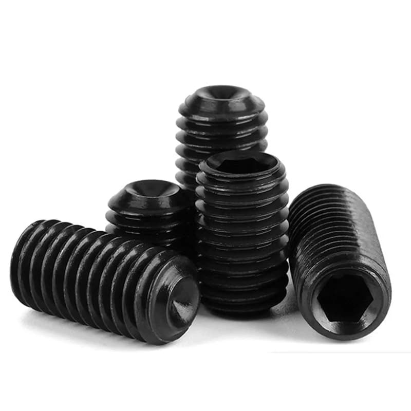 Grub screws M1.6-M8, black, with various end types on white.
