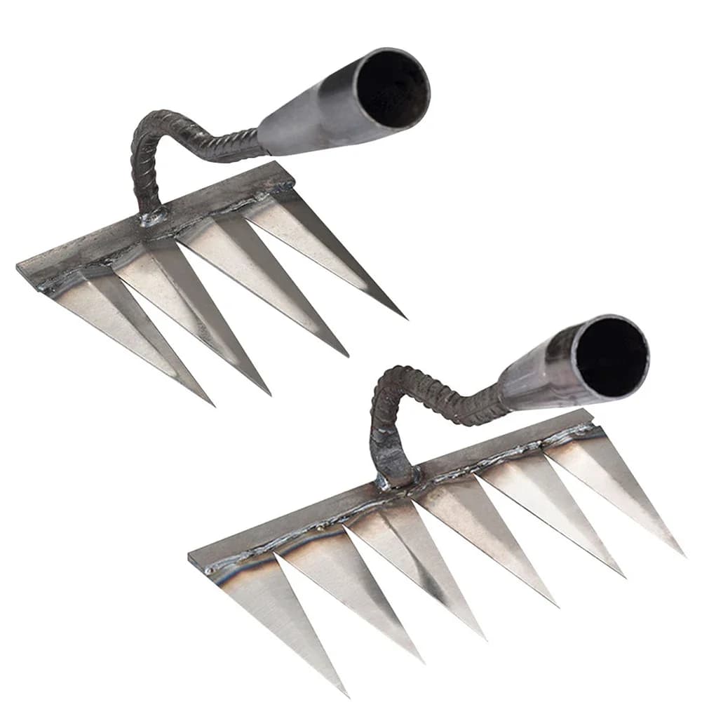 A durable steel weeder tool with sharp tines for removing weeds and loosening soil in garden beds and agricultural settings.