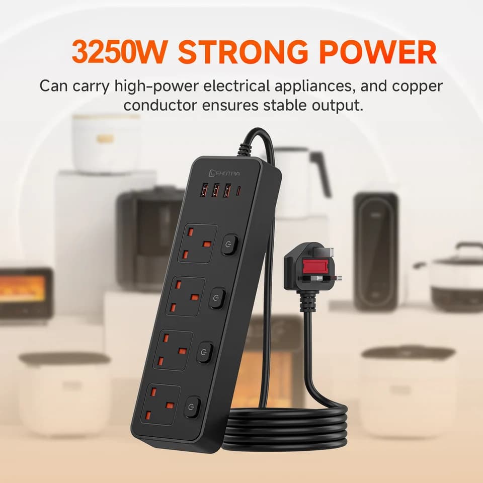UK Plug Extension Lead | Switched Outlets & USB-C | 1.8m Cable, Surge Protected - Thumbnail 3