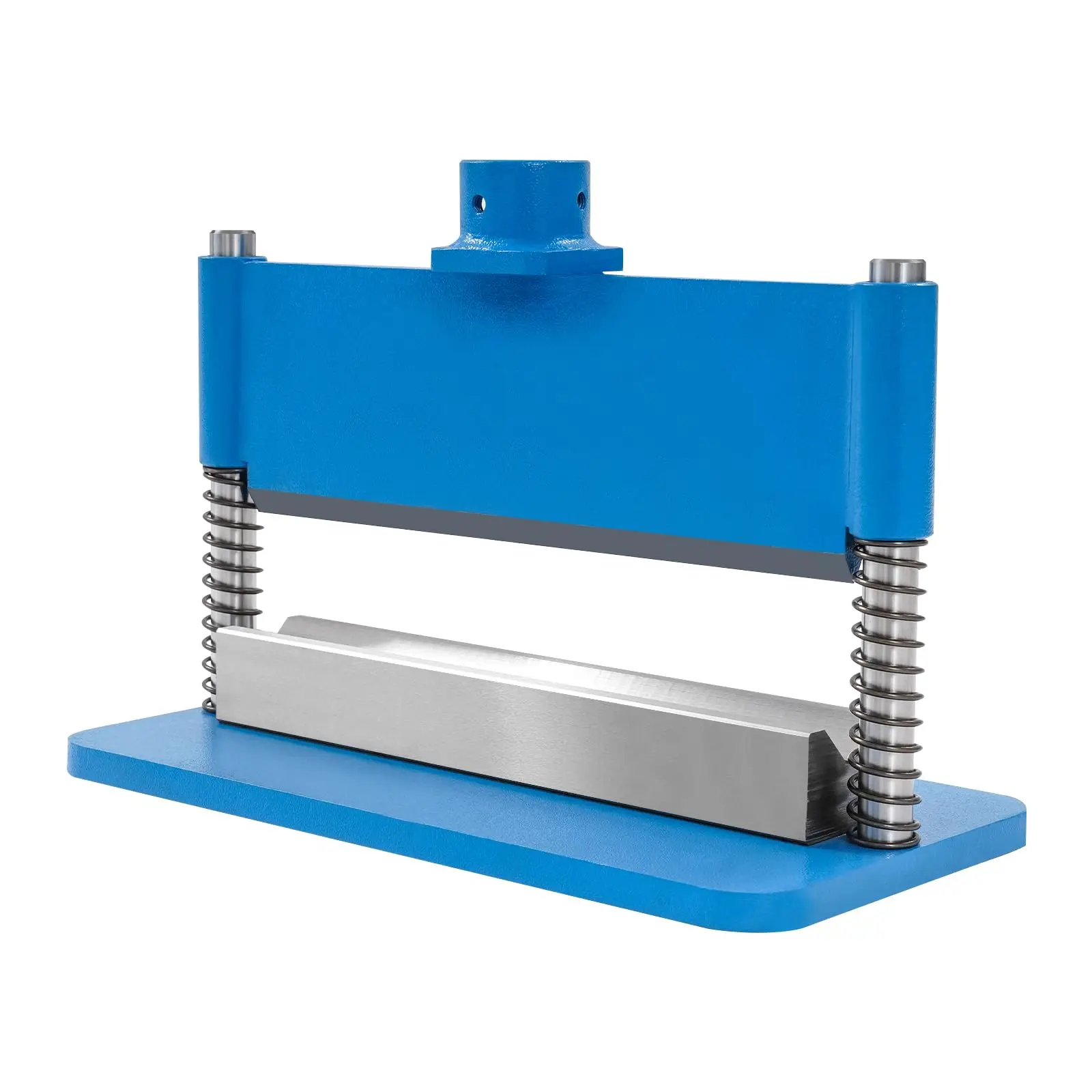 12-Inch press brake attachment mounted on a 12-ton hydraulic shop press, bending a steel bar in a workshop setting.