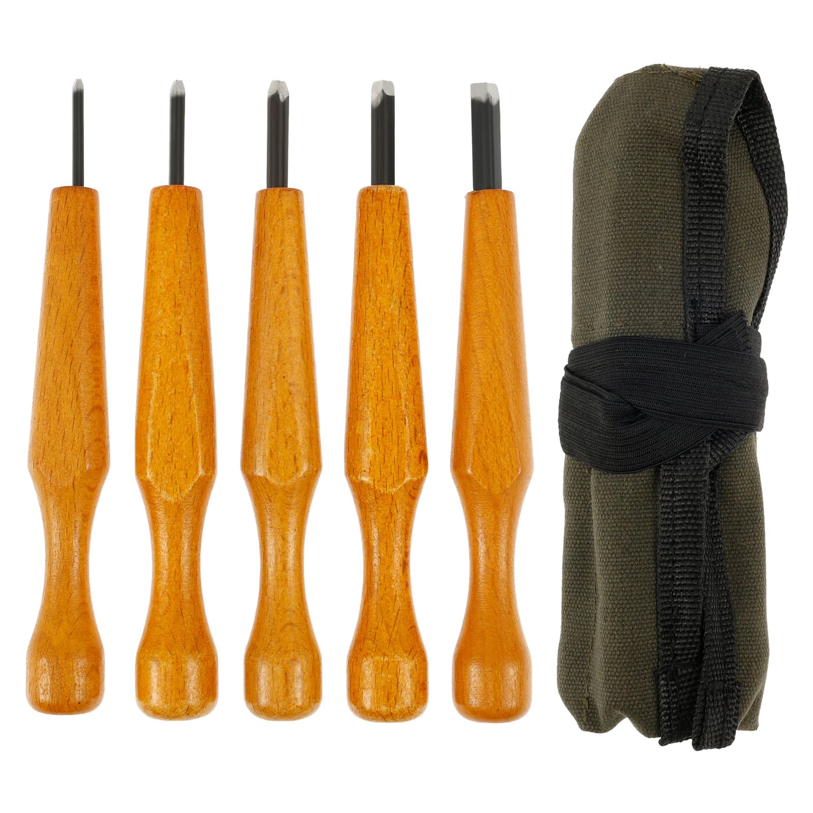 5-piece triangular linocut carving tool set with comfortable grip handles, assorted sizes, and blade protectors for woodcarving and printmaking.