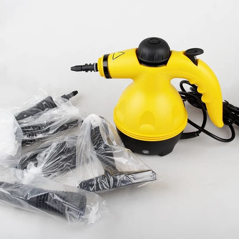 Portable Steam Cleaner for Carpet Spot Cleaning: yellow handheld unit with accessories in bags.