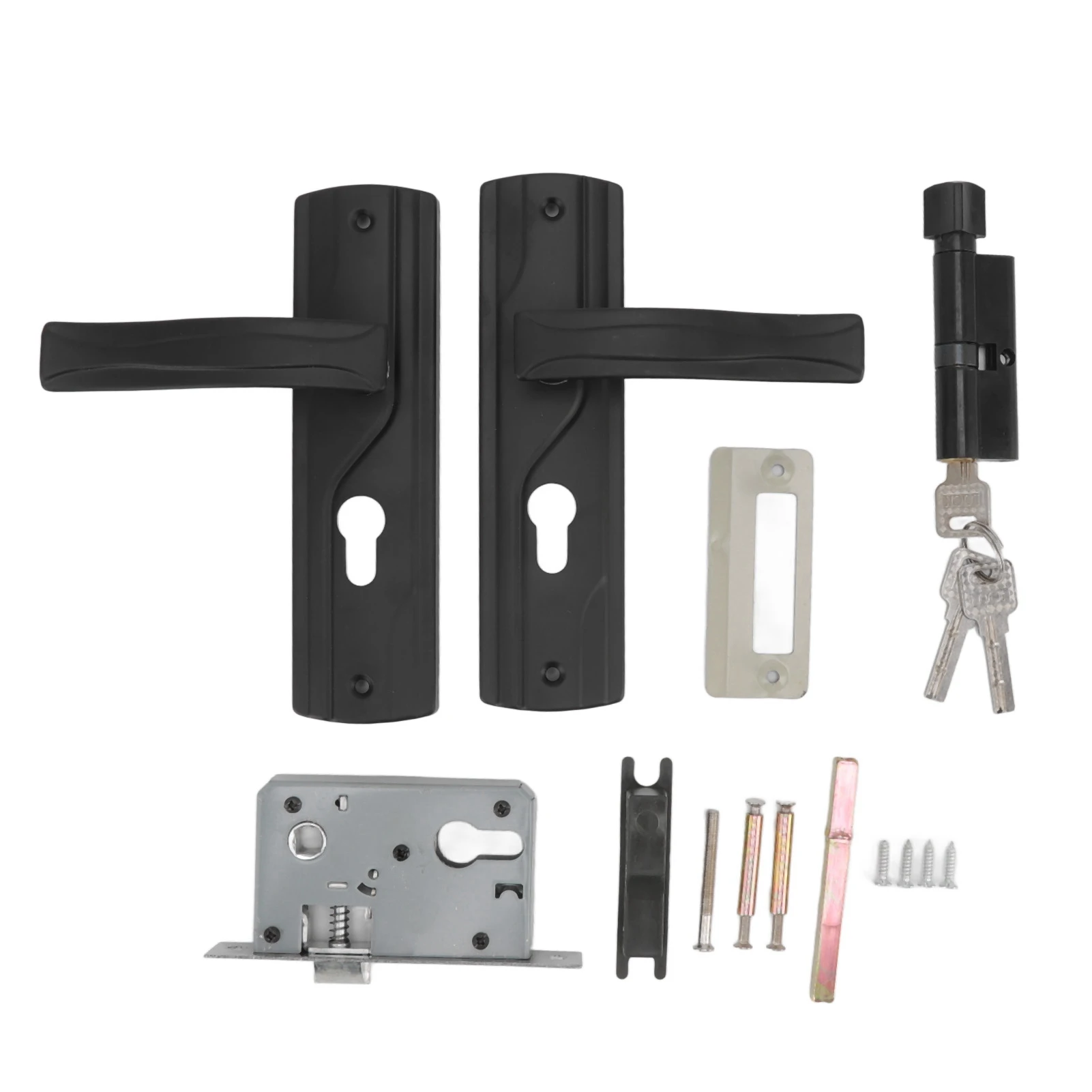 Black manganese steel door handle lock set with smoothly rotating mechanism, featuring thickened handles for bedroom or bathroom doors.