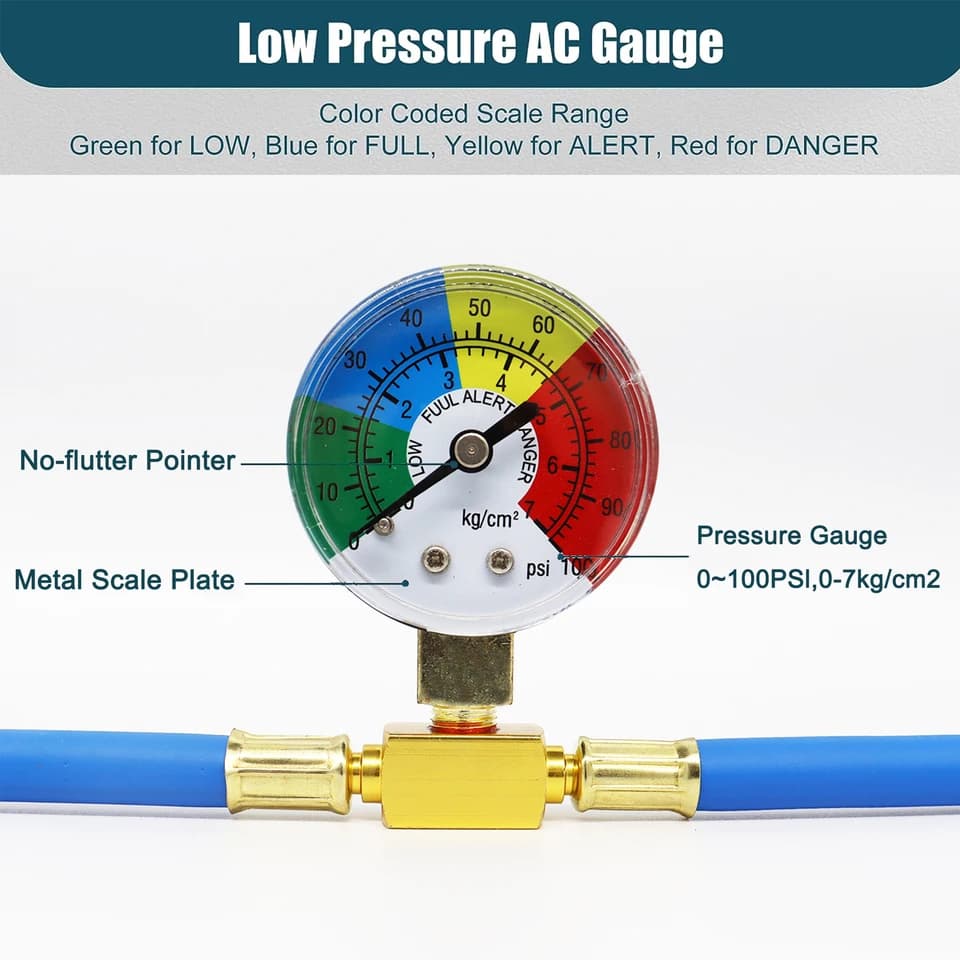 AC Recharge Kit for R134A | Low Pressure Gauge | 1/2 ACME Can Tap Valve - Thumbnail 3