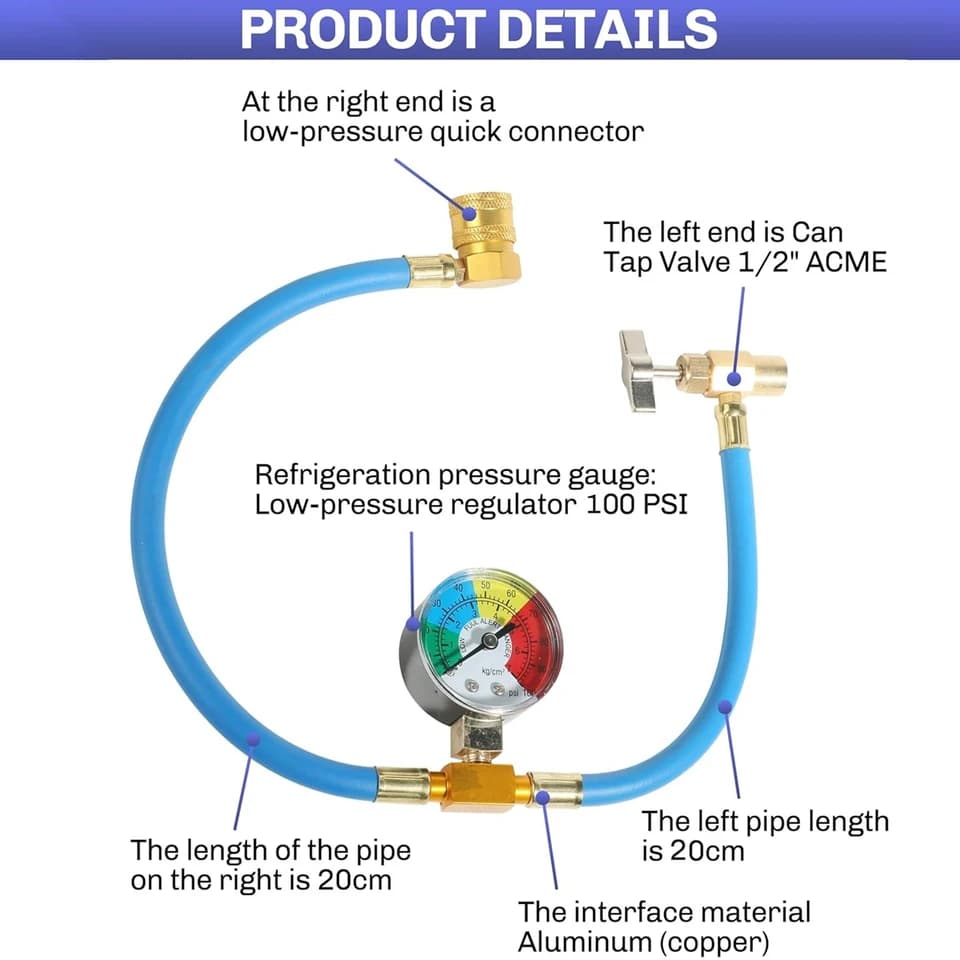 AC Recharge Kit for R134A | Low Pressure Gauge | 1/2 ACME Can Tap Valve - Thumbnail 2