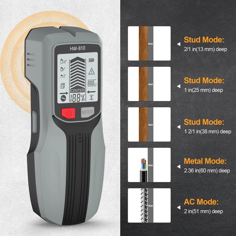 6-in-1 Digital Stud Finder | 80mm Deep Scan | Wood, Metal & AC Wire Detection - Thumbnail 6