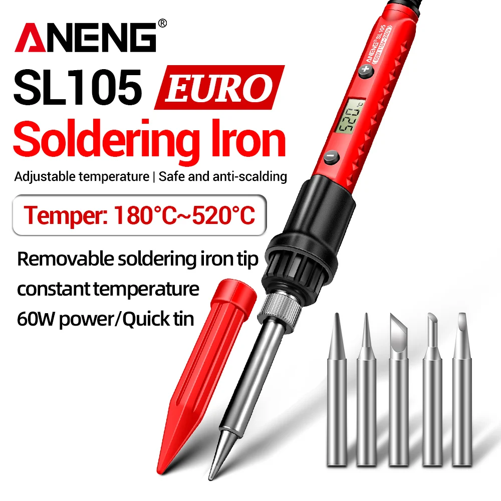 ANENG SL105 digital soldering iron kit with adjustable temperature display, portable case, and solder for electronics repair.
